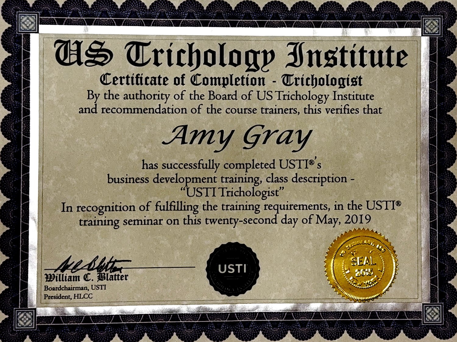 Amy Gray&rsquo;s Trichologist certificate of completion from the US Trichology Institute, dated May 2019