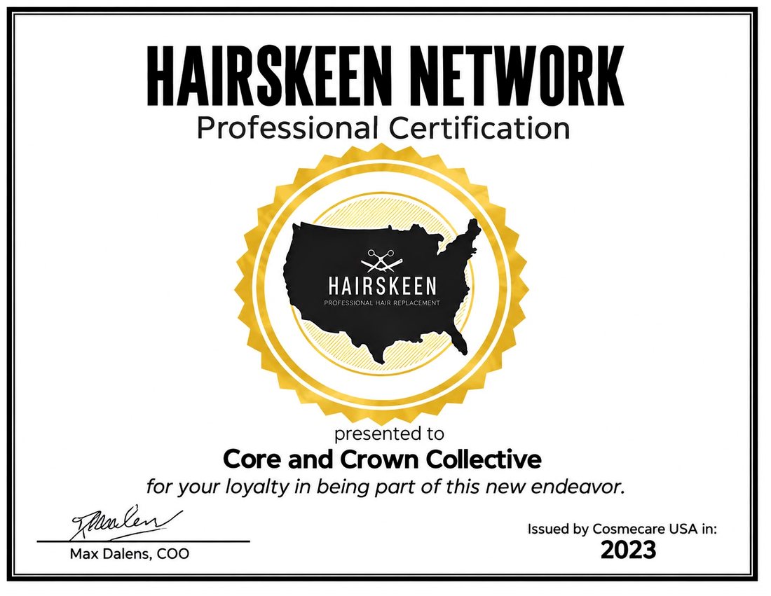 The Hairskeen Network professional certification issued to Core & Crown Collective by Cosmecare USA in 2023