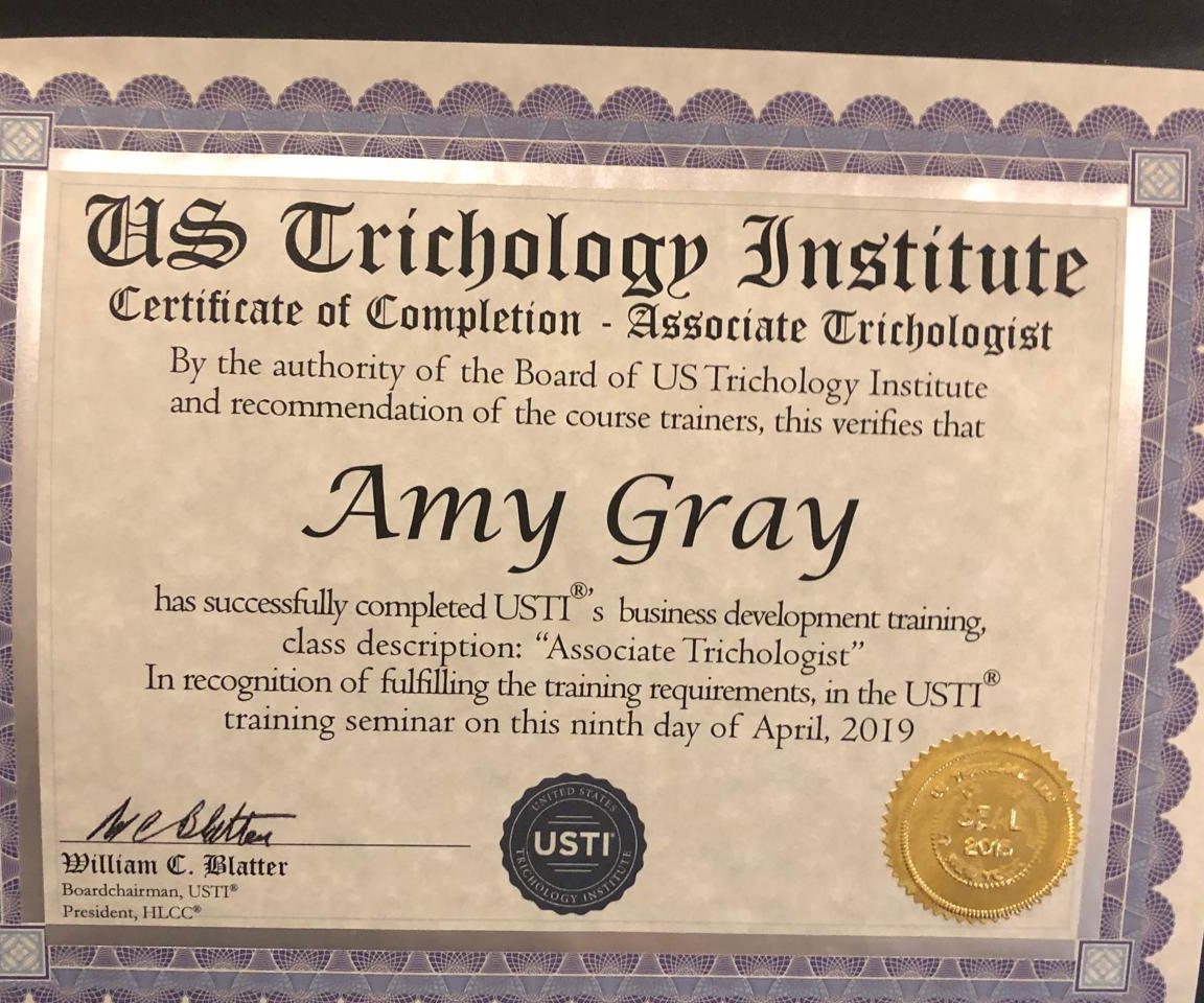 Amy Gray&rsquo;s Associate Trichologist certificate from the US Trichology Institute