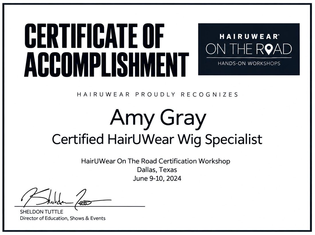 Amy Gray&rsquo;s HairUWear certificate of accomplishment naming her a Certified HairUWear Wig Specialist, Dallas, June 2024
